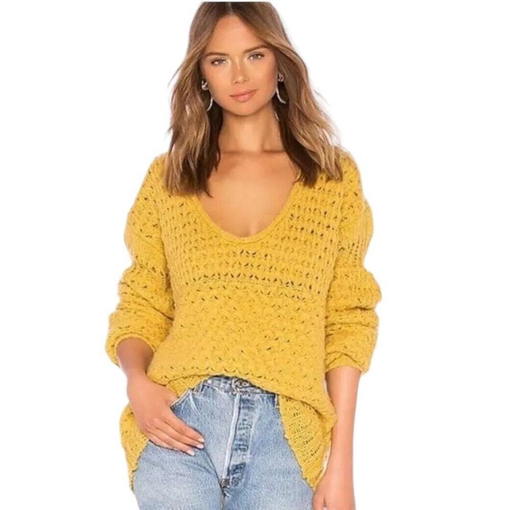 Free‎ People Sweater Women S Yellow Crashing Waves Chunky Knit Pullover V Neck